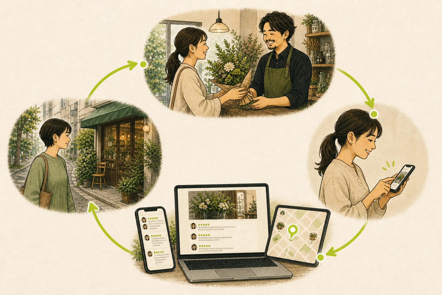 良い接客、レビュー投稿、HP・SNS・Googleマップへの蓄積、新しいお客様の来店が円環でつながる様子